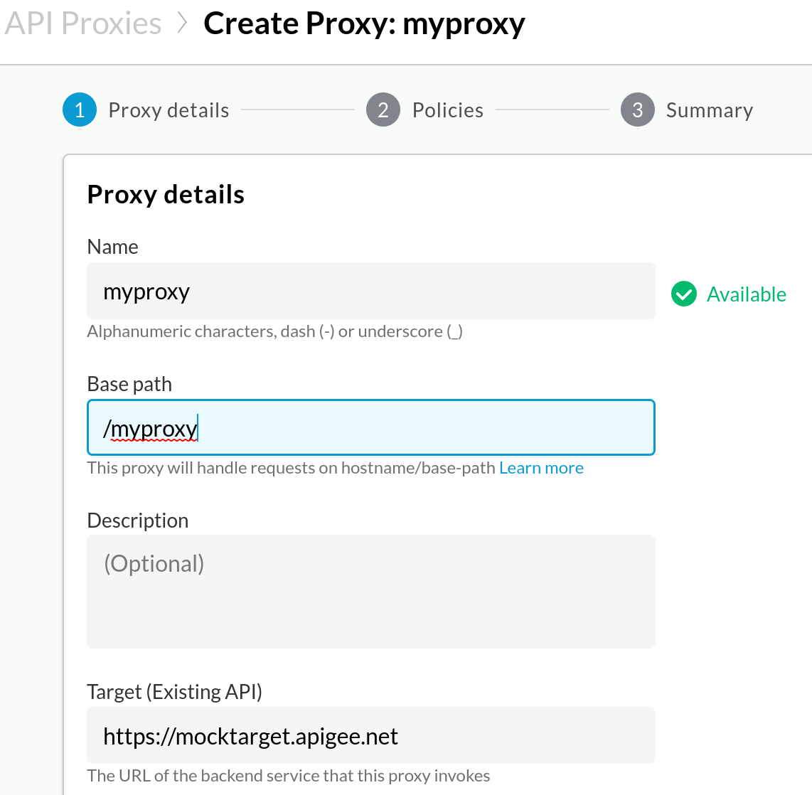 Proxy details showing Name, Base path, Description, and Target