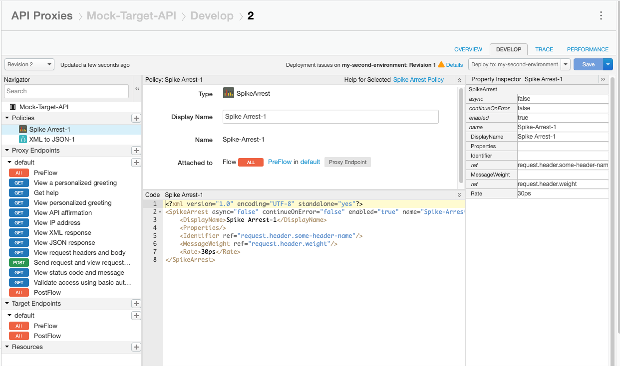 The Property Inspector pane shows the values for the SpikeArrest-1 policy.