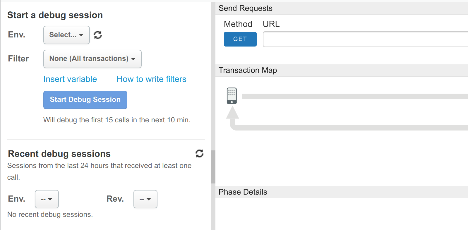 Debug view with Start a debug session, Recent debug sessions, and Send requests panes