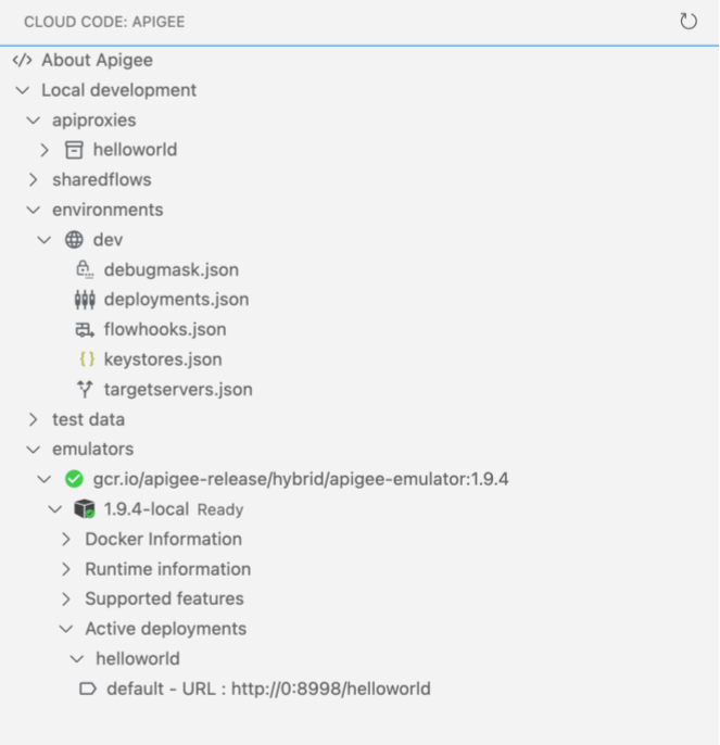 Apigee Emulator showing deployed helloworld application and active test resources