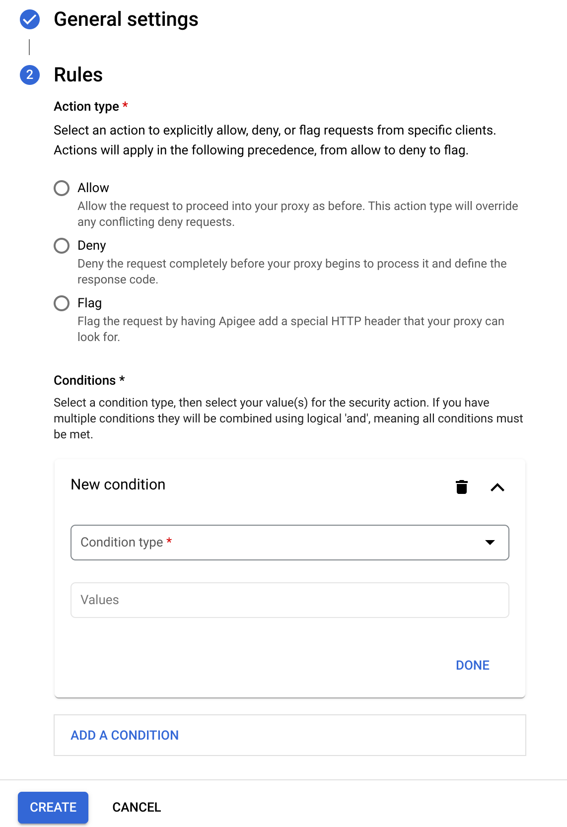 Rule settings for a security action.