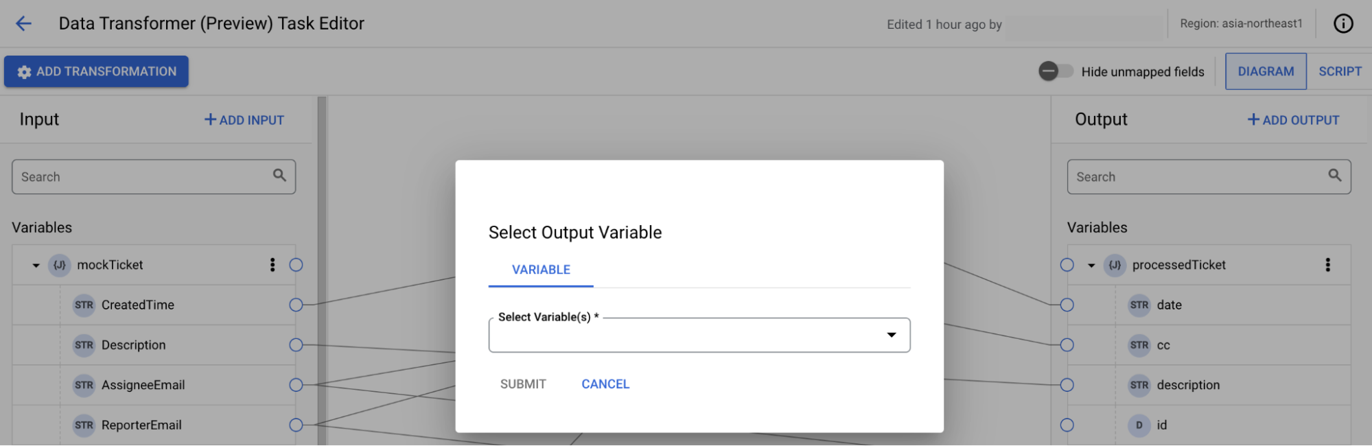 image showing the add output dialog