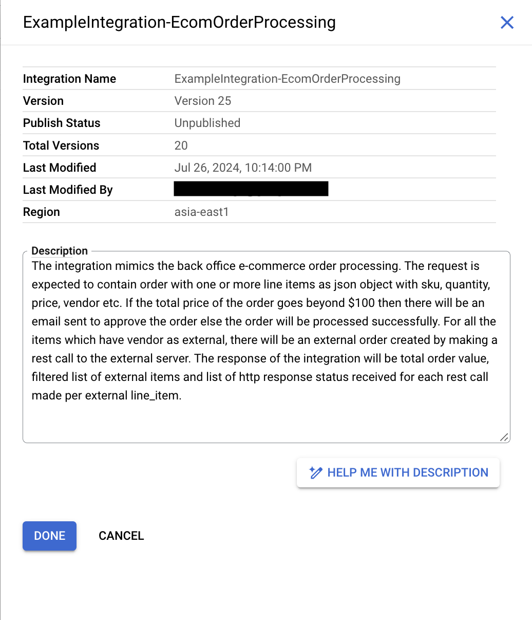 image showing integration information dialog