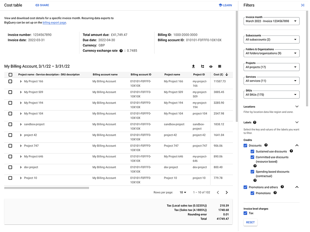 Cost table report with default report settings and filters.