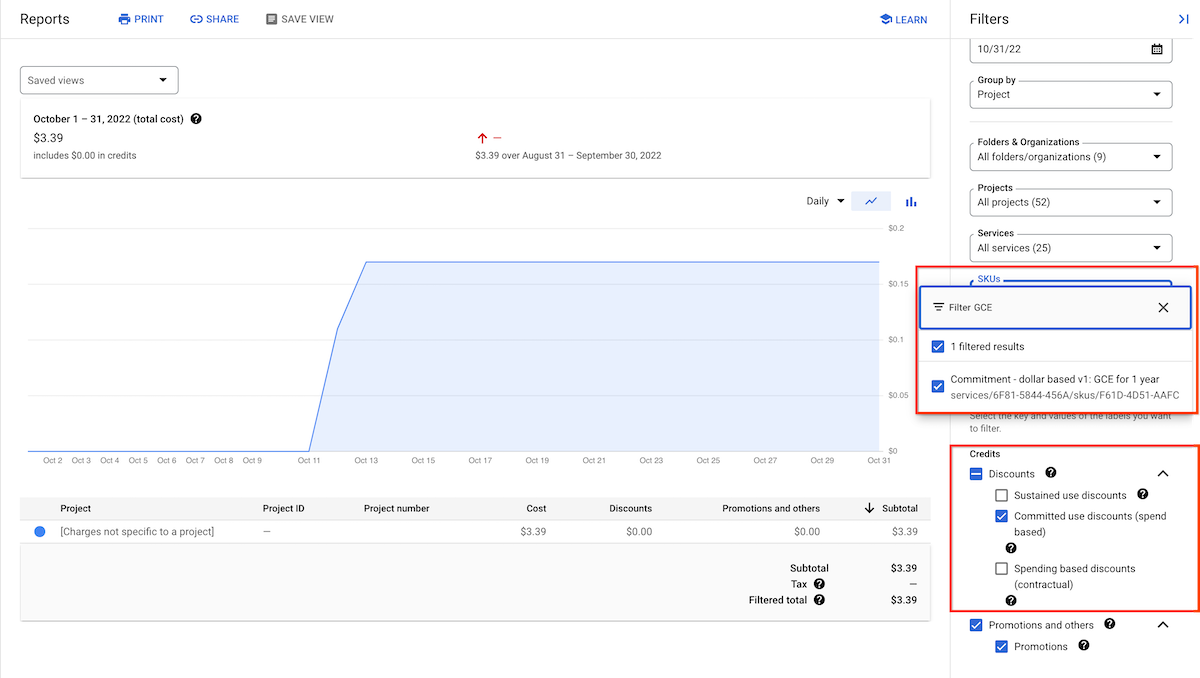 Example
of a committed use discount cost report with annotations indicating the SKU
filter result for Commitment - dollar based and the selecion of Credits