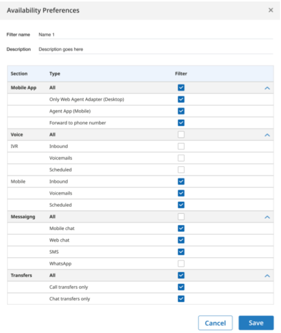 The availability preferences filters choices are shown, arranged by section.