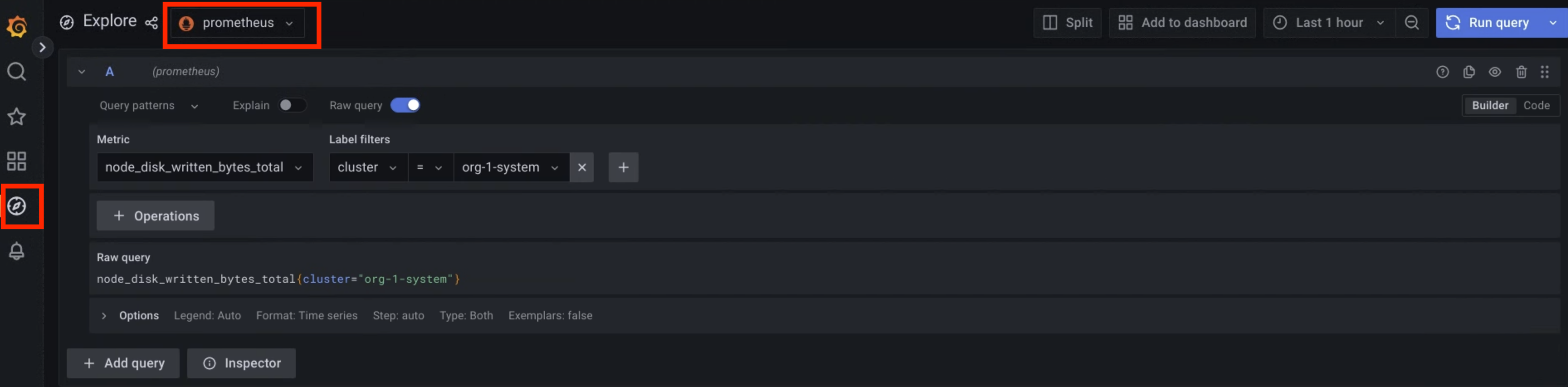 The prometheus option is selected on the Explore page of the UI to obtain metrics.