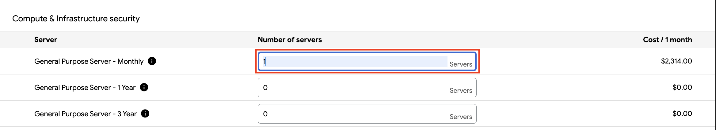 Pricing Calculator enter quantity of resources