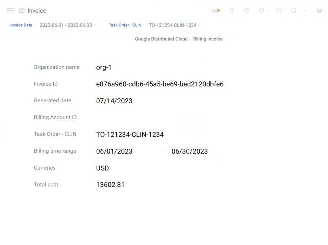 Invoice PDF showing values of the selected invoice to export