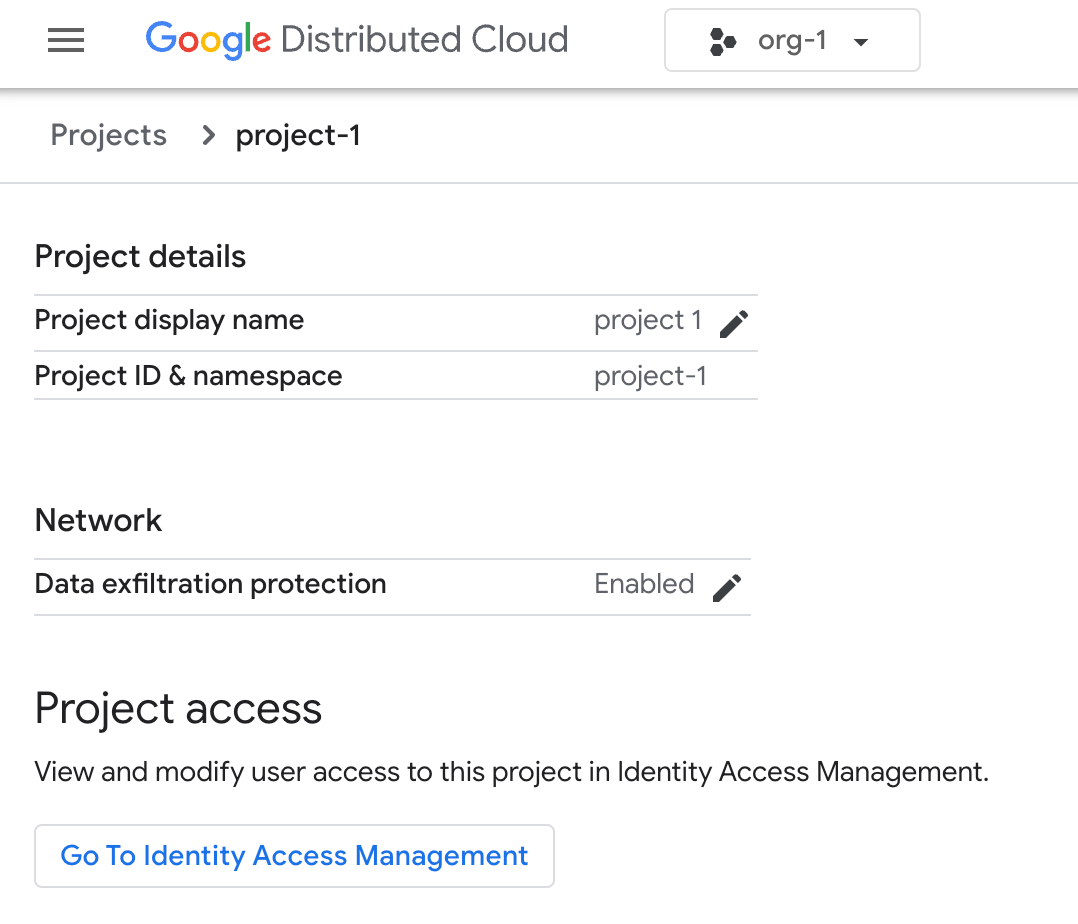 View project details such as project name and network settings.