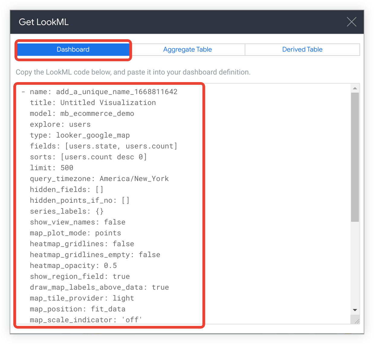 Along the top of the Get LookML window, there are tabs for Dashboard, Aggregate Table, and Derived Table LookML.