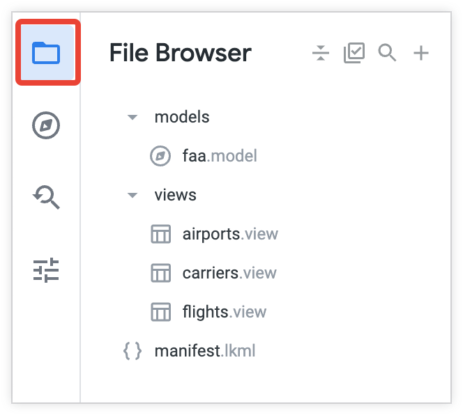 Looker IDE with the file browser showing folders in an example project.