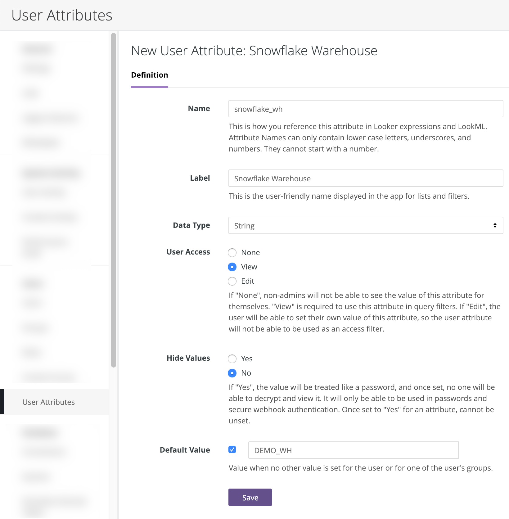 The User Attributes page in Looker, showing the Snowflake warehouse user attribute.