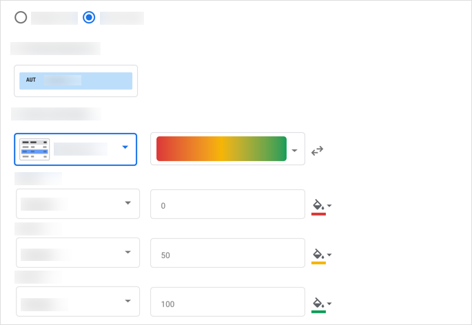 The Create rules conditional formatting panel displays default formatting rules for three data points.