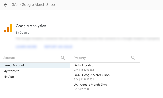 The Google Analytics connector configuration page. The Google Analytics Demo account is selected, and three properties belonging to that account are shown in the property list.