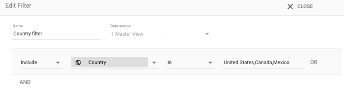 The Edit Filter dialog for a filter called Country filter, with the settings Include In United States, Canada, Mexico for the field Country.