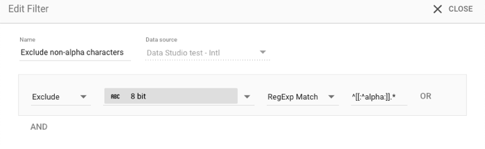 The Edit Filter dialog for a filter called Exclude non-alpha characters, with the settings Exclude RegExp Match ^[[