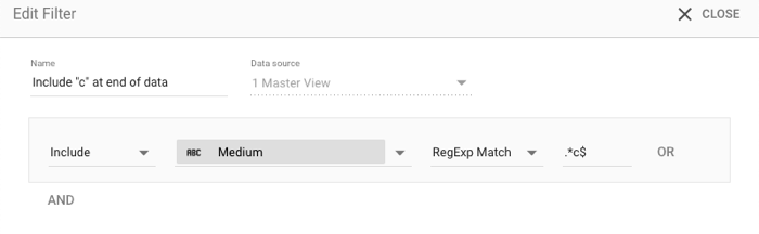 The Edit Filter dialog for a filter called Include c at end of data with the settings Include RegExp Match.*c$ for the field Medium.