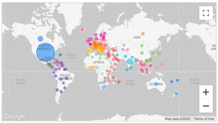 A bubble map chart displays the world with bubbles of different colors that represent the sub-continent of each country.