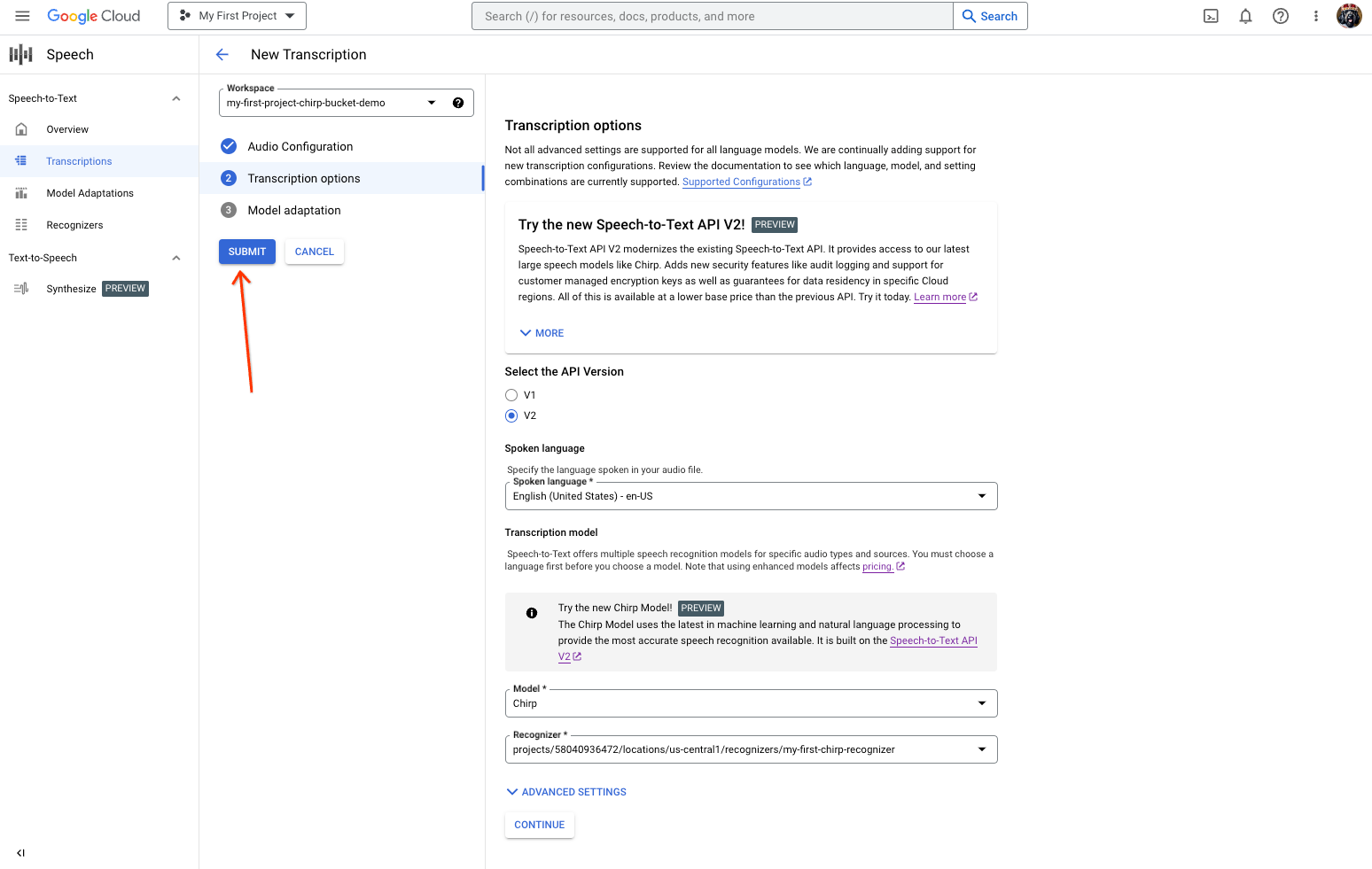 Screenshot of the Speech-to-text transcription creation page showing selecting Chirp model and submiting a transcription job.