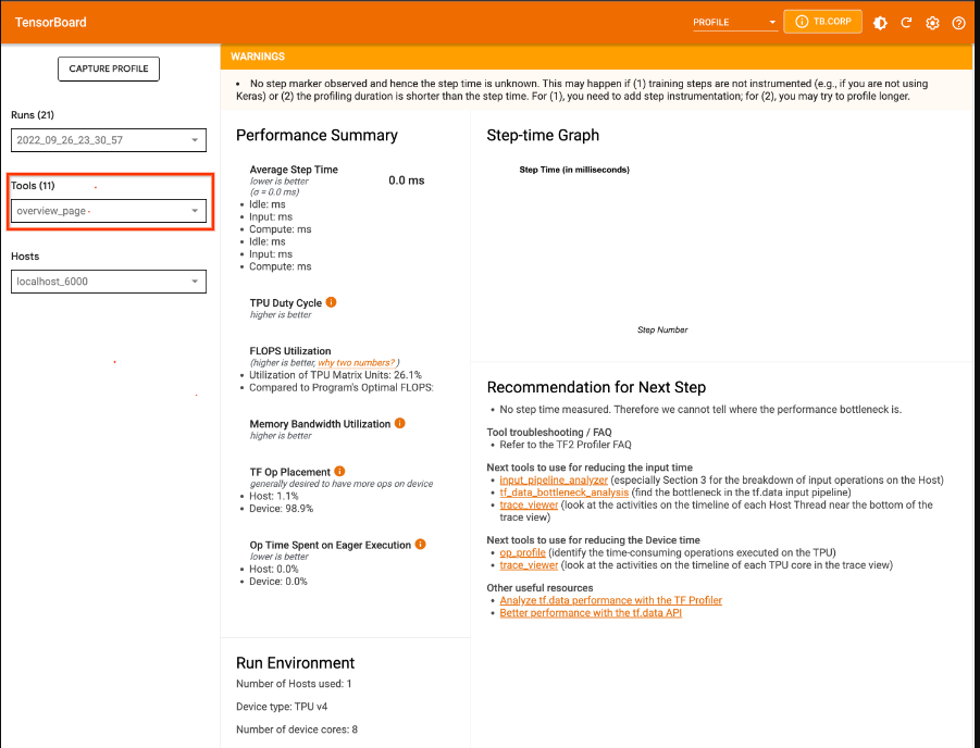 TensorBoard profiling page