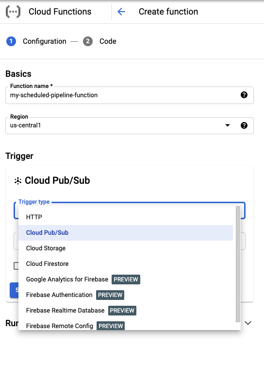 create function configuration choose pubsub as Trigger type image