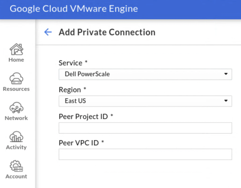 Screenshot of selecting a Dell PowerScale service in the Private Connection screen